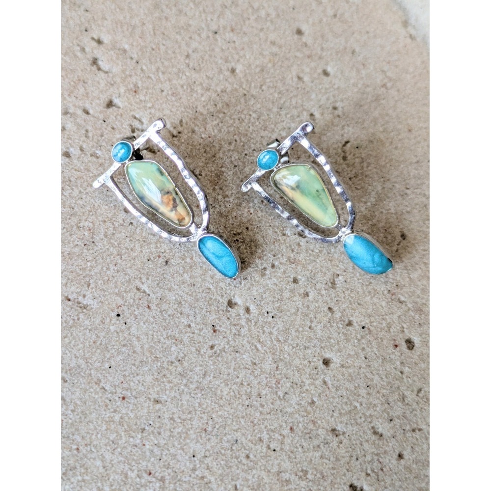 Silver Tone Dangle Earrings Faux Turquoise Hammered Artsy Artisan Blue Green